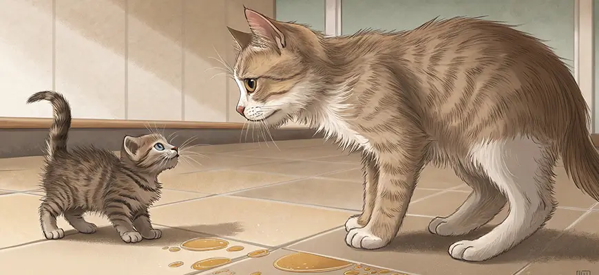 маленький котенок и большой кот метят территорию 
