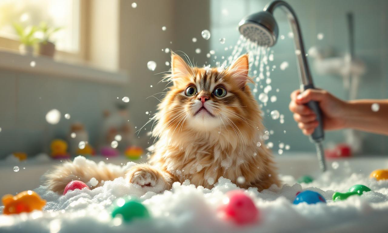 Моют кота в ванне с помощью лейки душевой, кот орет весь в пене
