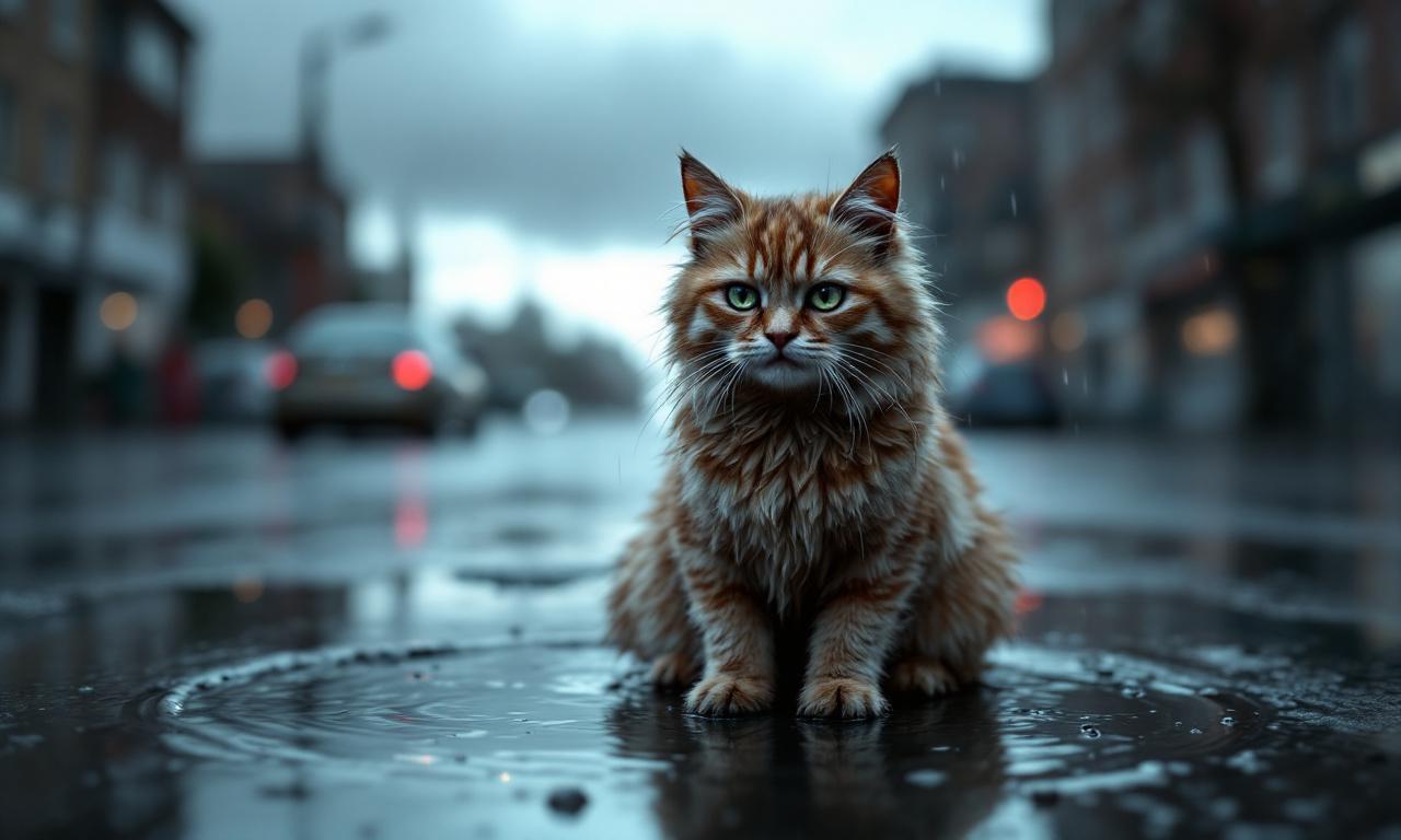 Грязный кот на фоне лужи