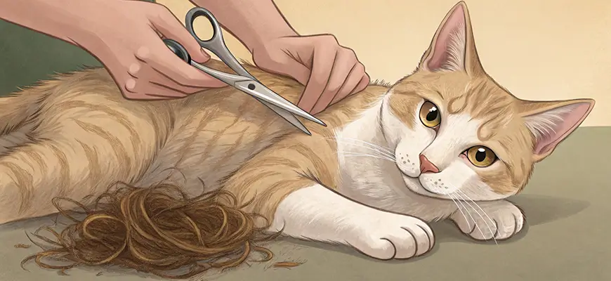 кота подстригают ножницами от колтунов