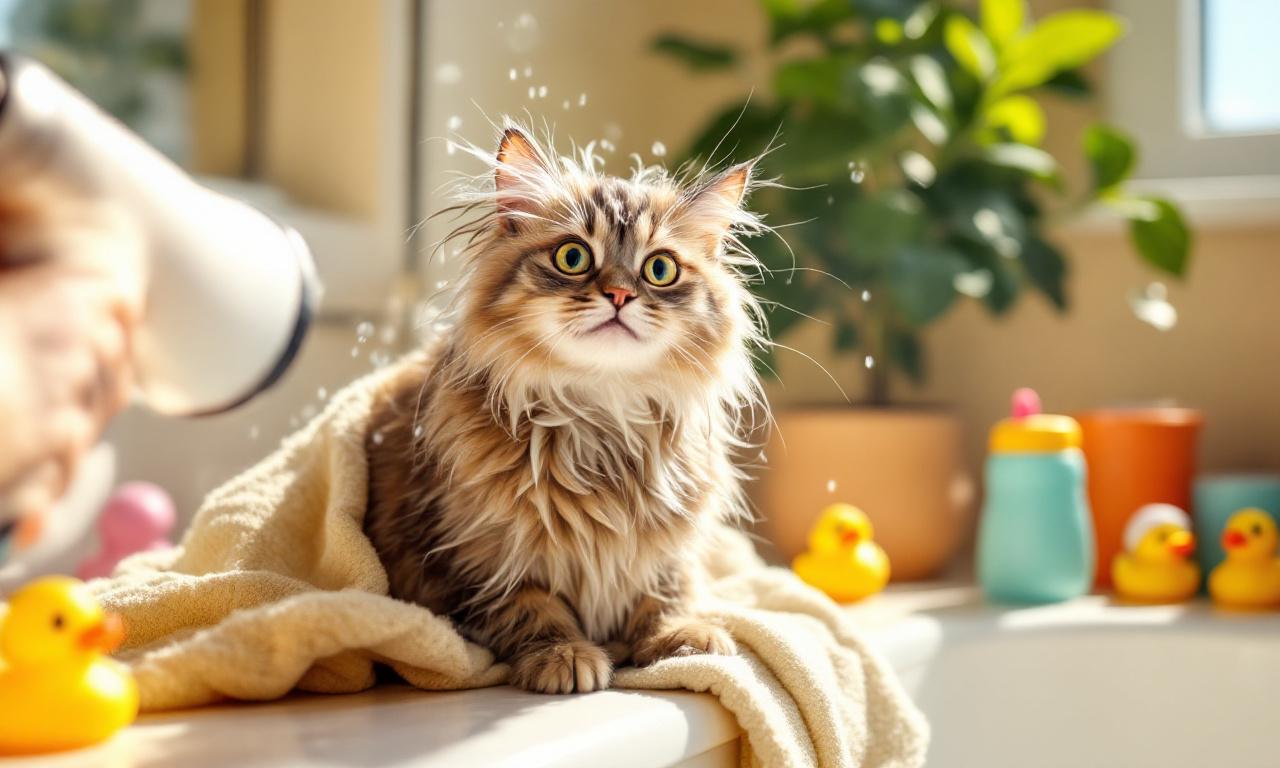 мокрого Кота сушат феном