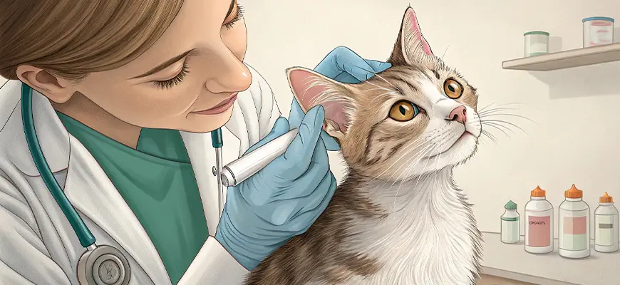 ветеринар лечит ухо коту 