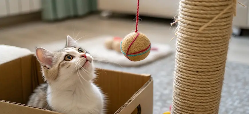 кот в коробке, рядом мячик и когтеточка 