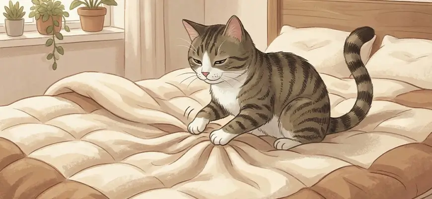 кот топчет одеяло лапами